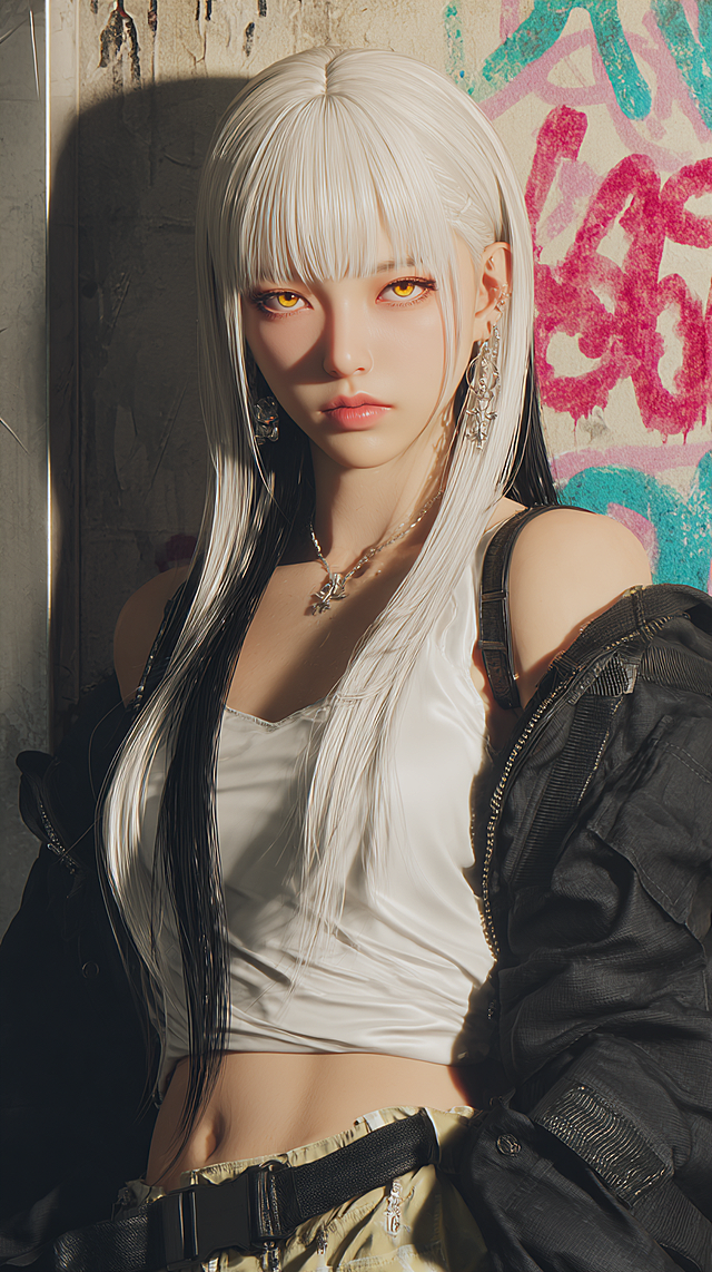 Panoramic shot of a delicate 22-year-old girl from the waist up, with straight bangs, long white hair with black highlights, a petite face, exquisite makeup, phoenix-like eyes, willow-shaped eyebrows, lightly outlined eyeshadow, golden vertical pupils, a cold and disdainful gaze, noble temperament, porcelain-like skin, small earrings, smooth delicate skin, tall and slender figure, wearing a jacket with a white inner top, black leather belt, cargo shorts, a black strap on the right thigh, with a background of a partially graffiti-covered wall. Highlights, shallow depth of field, 2D-3D hybrid style. CGI, cinematic lighting effects, clear layering. Subsurface scattering on the skin. Ambient fill lighting. HD 8K.
