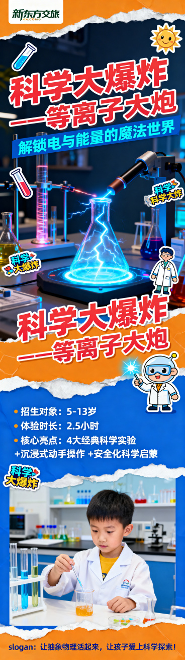 活动长图设计，科学大爆炸——等离子大炮主题，科技感撞色风格，使用电光蓝和活力橙配色，融入实验装置、电光特效、卡通科学实验插画、实验室场景贴纸撕纸风，搭配儿童实验实拍氛围感图。文案主体为电光蓝色，重点标预览效果