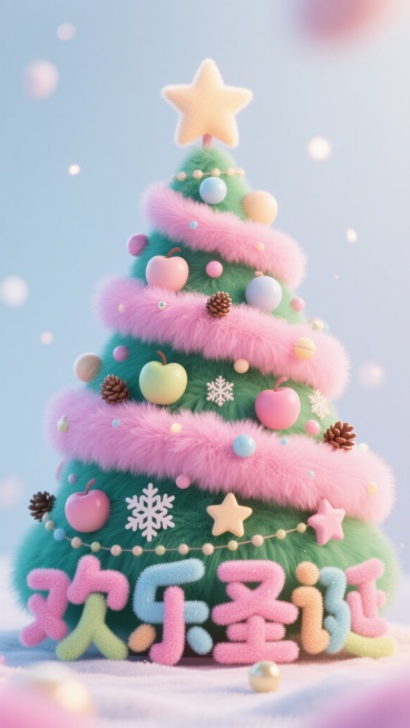虚化的毛绒背景，画面中央有一个巨大的粉色毛绒绒圣诞树，圣诞树上点缀着马卡龙色的苹果、五角星、圆球等装饰元素，树下有一行糖果色毛绒材质的文字“欢乐圣诞”，花字上装饰有五角星、雪花和松果预览效果