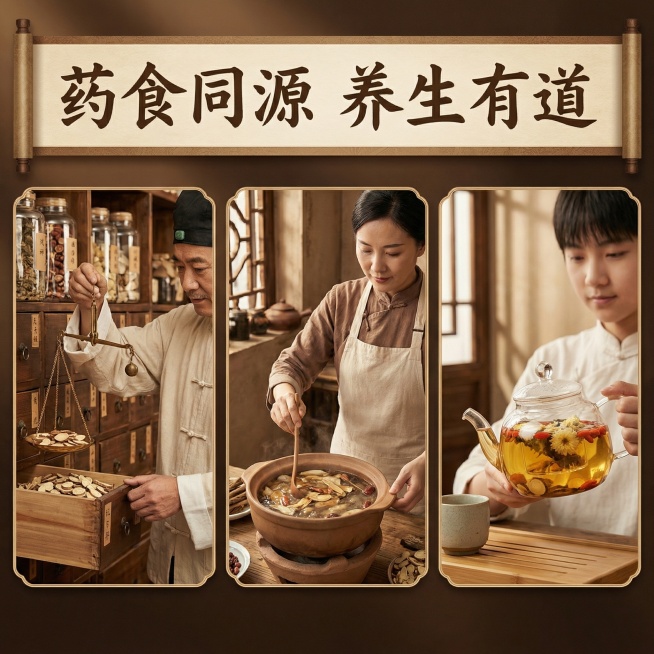 基于甘草片图片，制作全新场景使用详情图，展示三个中医药相关场景：1. 中药房配药：抓药师傅用戥秤称甘草片；2. 家庭药膳：主妇用甘草片炖养生汤；3. 茶饮调理：年轻人用甘草片搭配菊花泡茶，画面古色古香预览效果