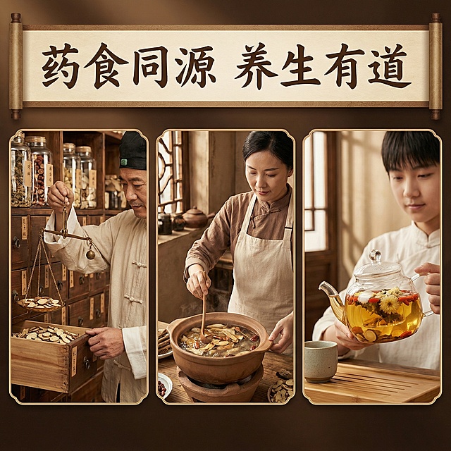 基于甘草片图片，制作全新场景使用详情图，展示三个中医药相关场景：1. 中药房配药：抓药师傅用戥秤称甘草片；2. 家庭药膳：主妇用甘草片炖养生汤；3. 茶饮调理：年轻人用甘草片搭配菊花泡茶，画面古色古香，搭配“药食同源 养生有道”的文案