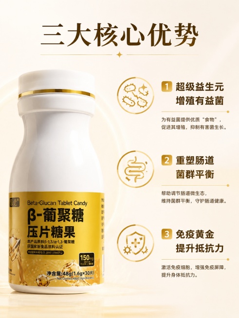 [第4屏] β-葡聚糖压片糖果核心卖点分点拆解页。氛围风格：清晰条理，专业信任感，浅暖金底色。元素布局：左侧垂直展示产品瓶子主体，占比约40%，右侧分三点列出三大核心卖点，每点搭配金色小图标，排版整齐预览效果