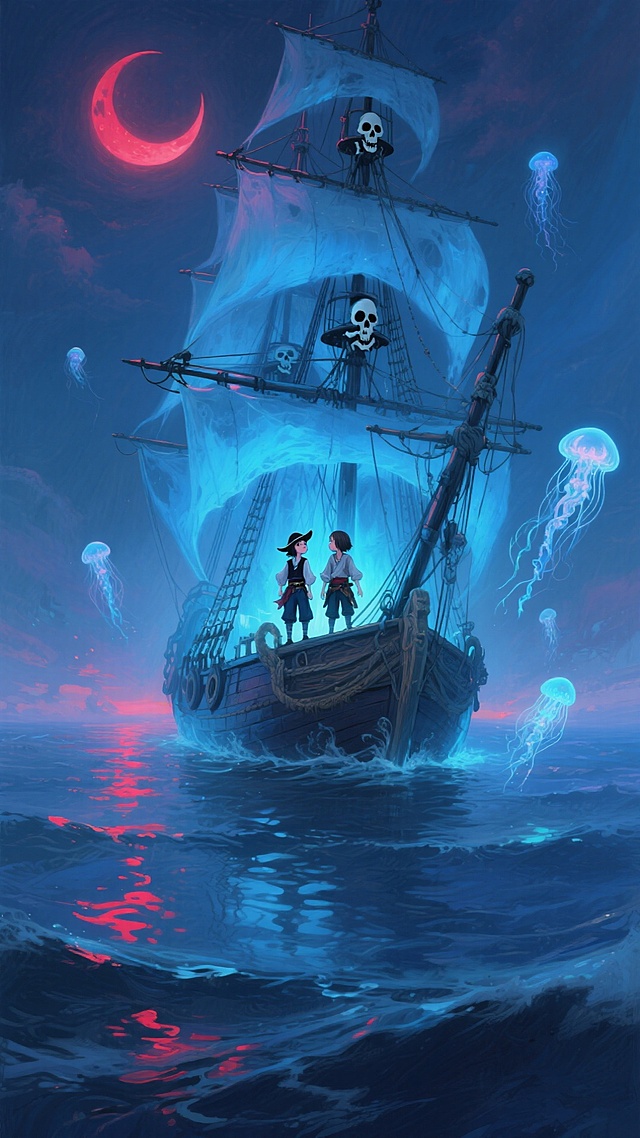 梦幻感与神秘感交织的夜海奇航，光影流动中浮现幽蓝鬼船，水彩风渲染的虚拟自然，粒子风点缀荧光水母，插画风与动漫风融合，超现实主义叙事，万圣节故事感十足。