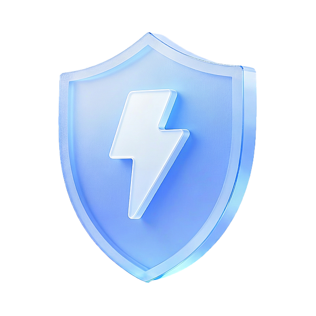 科技感十足的3D玻璃风盾牌，融合未来感与清透质感，浮雕式闪电符号凸显体积感，重拟物设计展现现代安全守护理念。