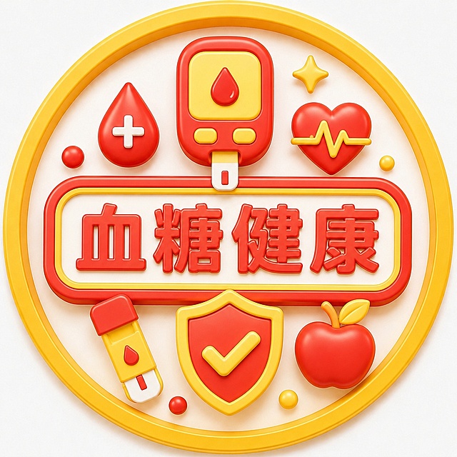 生成一个图标，沿用参考图片的红黄配色和3D膨胀风格，圆形黄色外框，红色描边文字，内部搭配红色和黄色的血糖相关元素，中心文字是"血糖健康"，整体风格和参考图保持一致，3D立体，颜色为红色和黄色搭配