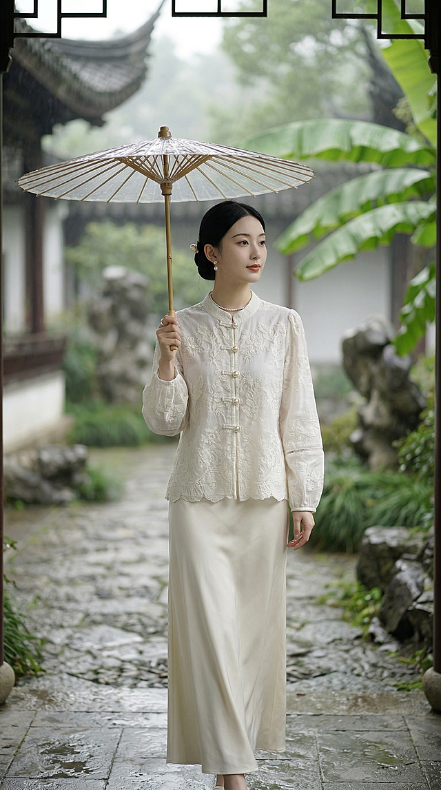 新中式贵气氛围感大片，全身人像，24岁左右气质温婉的东方女生，鹅蛋脸，清透贵气的淡妆，黑长直柔顺低盘发，点缀一支珍珠发簪，眉眼温柔，自带书香贵气感；配饰为小巧的珍珠耳钉、细款珍珠锁骨链，手持一把透明古风雨伞；模特动作优雅自然，各不相同，适配江南烟雨园林场景，动作松弛舒展，氛围感拉满；场景：春日烟雨濛濛的苏州园林，青石板路，回廊飞檐，背景是朦胧的芭蕉叶与太湖石，细雨打湿的绿植，柔和的漫射雨天光影，通透清润的色调，浅景深背景虚化，女生穿着白色新中式立领刺绣蕾丝衬衫，服装刺绣与蕾丝细节清晰锐利，面料通透质感还原到位，新中式时尚大片质感