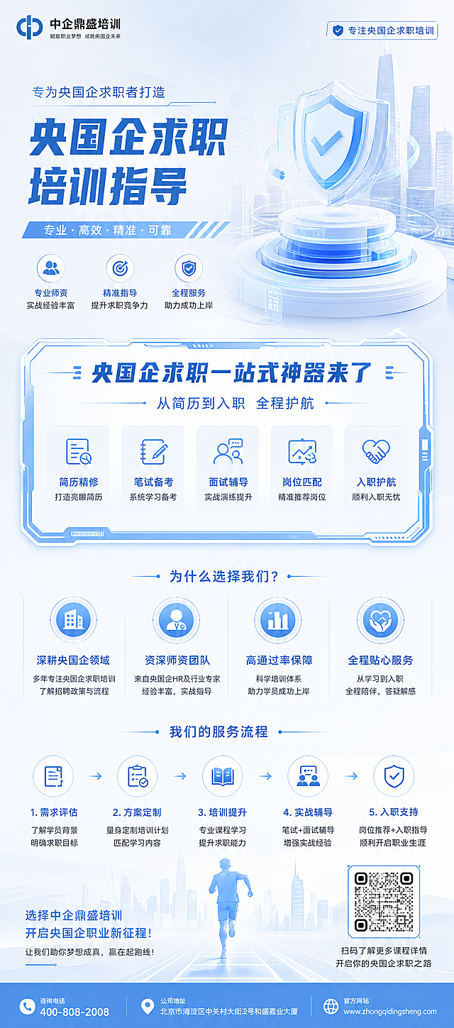 重新生成央国企就业培训指导竖版宣传展架，尺寸比例保持80*180cm不变，主色调蓝色，浅蓝和白色为辅，整体颜色比之前版本更浅。突出"央国企求职一站式神器来了"板块，风格专业、可靠，带有科技感，保留所有原始文字信息不变