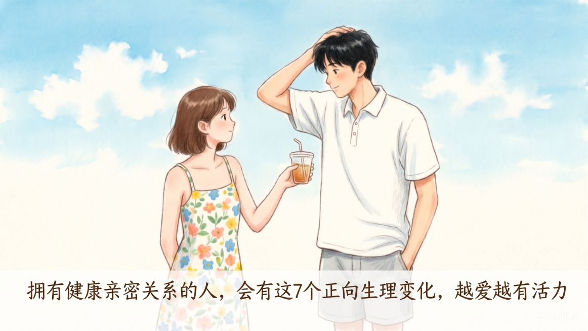 在图片底部空白位置添加文字"拥有健康亲密关系的人，会有这7个正向生理变化，越爱越有活力"，保持原图整体风格不变，文字清晰不遮挡人物主体预览效果