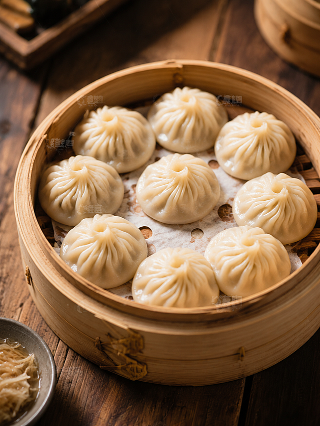 参考这张小笼包图片的风格，重新生成相同内容的画面，保留竹蒸笼里的小笼包和木质桌面的构图，保持写实美食摄影风格，暖调光影