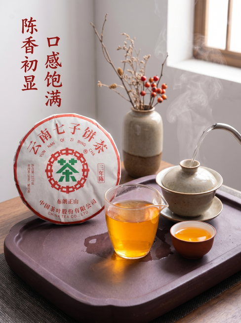 [主图-4] 冲泡场景展示主图；[氛围风格] 国禅意国潮风，生活化品茶场景；[画质] 商业摄影质感、光线柔和通透、产品清晰真实、画面干净高级。[元素] 茶饼放在紫砂茶盘左上角，保留原产品外观一致，右侧预览效果
