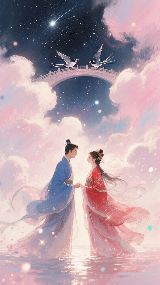 中国古代传统风格，古风情侣身着飘逸古装，深情对视，男子身穿蓝衣，女子身穿红衣。背景是银河，云朵，喜鹊在空中搭成鹊桥，两人在鹊桥中间相遇，画面整体呈现浪漫的粉色调。
