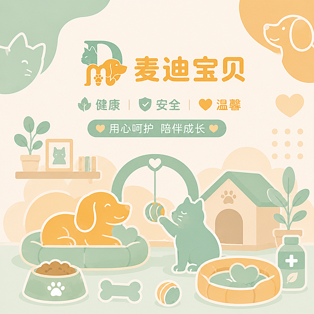 生成宠物品牌"麦迪宝贝"的插图，保持和参考图相同风格：低饱和度莫兰迪色系，圆润几何形状，无锋利尖角，粗线条简笔，简约风格，品牌理念为健康安全温馨，保留猫狗宠物元素，颜色在同色系中调整，生成正方形1:1比例的插图，适配包装尺寸