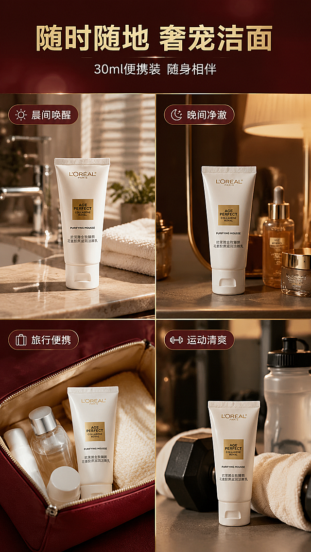 [商品] 使用【图1】欧莱雅金致臻颜花蜜胶原滋润洁面乳；保留白色软管、金色标识，外观与原图一致。
[画面] 第6张 场景种草页，目标是展示产品在不同生活场景中的使用。画面采用2x2四宫格拼图，四个场景分别是：左上角晨间洗漱、右上角晚间护肤、左下角出差旅行（产品放在旅行洗漱包中）、右下角健身房后清洁。每个场景中都自然出现洁面乳产品。四个格子之间有细细的金色分隔线。整体画面色调温暖统一。
[视觉] 套系策略：风格=高端精致商业摄影氛围感；标题字=粗体无衬线大字；正文字=简洁无衬线体；主色=酒红+香槟金+白色；背景延展=基于酒红金做深浅渐变、光影层次和柔焦光斑；强调色=香槟金，用于标题、图标、引线和装饰元素；标题色=香槟金；正文色=白色；组件=金色细线、圆角半透明卡片、精致图标；光影=各场景自然光线，整体色调统一协调。
[文字] 画面顶部金色主标题："随时随地 奢宠洁面"，主标题下方深灰色副标题："30ml便携装 随身相伴"。四个场景分别标注："晨间唤醒"、"晚间净澈"、"旅行便携"、"运动清爽"。文字放在每个场景的角落或顶部。
[规格] 图片比例9:16竖版，4K，场景真实自然，避免变形、错字、各场景色调不统一、产品外观不一致。