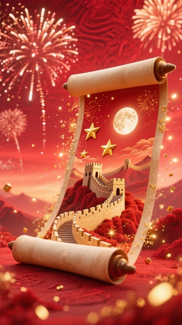 红色为主色调。红色暗纹渐变背景，画面主体是华丽精致的立体卷轴展开的效果，卷轴内有金色星星、长城与明月景象，周围有金色粒子光效环绕。背景是明亮的红色天空与绽放的烟花。顶级OC渲染，景深效果，光影效果惊艳预览效果