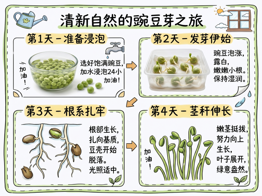 修改图片，将第1天浸泡、第2天发芽阶段的实物替换成真实的豌豆子，保留整体马克笔手绘风格、排版和文案不变，保持白底手绘风设计预览效果
