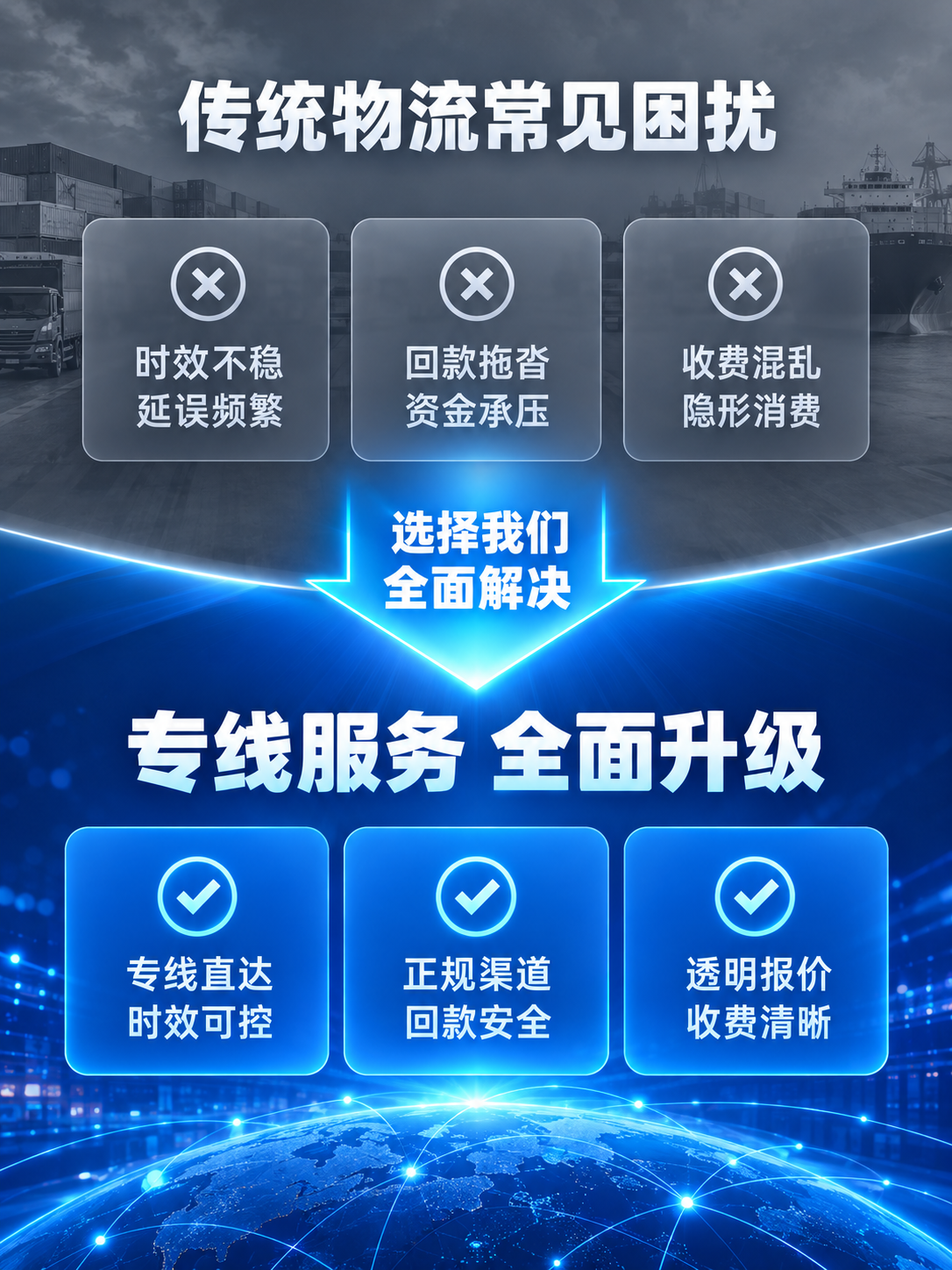 电商详情页第2张-痛点与解决方案。蓝色渐变背景，画面采用上下对… - 图片创意预览
