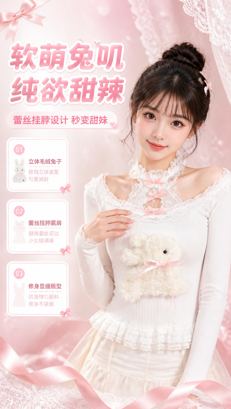 [商品] 使用【图1】白色蕾丝挂脖毛绒兔子长袖上衣；商品处理：… - 图片创意预览