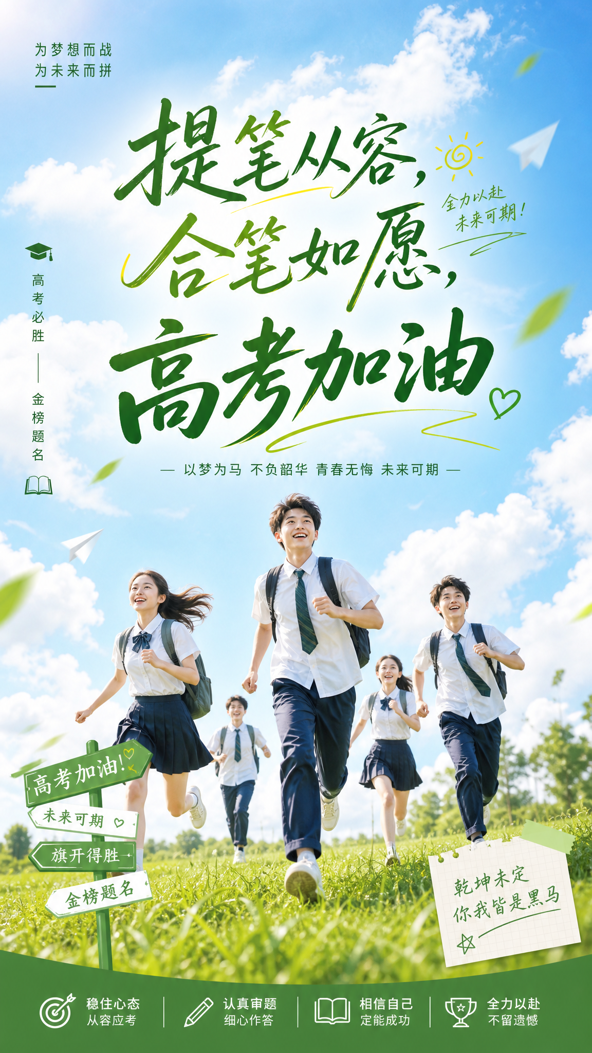 9:16竖版高考日签海报，整体基调为清新绿色，背景是蓝天白云，… - 图片创意预览