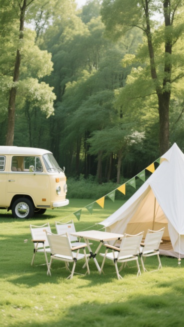 自然光线下的户外露营场景，翠绿茂密的树林作为背景，前景是修剪整齐的绿色草坪，画面左侧停放着复古米黄色面包车，右侧是白色尖顶帐篷，帐篷旁挂着黄绿色三角旗装饰，中央摆放着白色折叠桌椅组合，整体呈现明亮清新的自然写实风格，柔和的光线营造出宁静惬意的氛围，色彩和谐统一，构图采用自然的生活场景布局，突出户外休闲的舒适感。预览效果