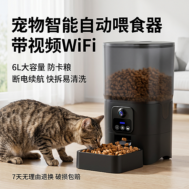 [主图 1] 宠物智能自动喂食器首图冲击力海报，展示多角度组合，搭配猫咪进食场景，写实电商风格，凸显产品质感
[氛围风格] 电商场景写实风，简约高级，干净通透
[画质] 商业摄影质感，光线柔和通透，产品清晰真实，画面干净高级
[元素] 产品主体智能喂食器居中摆放，多角度组合展示，旁边搭配猫咪进食的真实场景，左侧预留文案区域，保持产品外观结构、材质质感、颜色与输入产品图绝对一致，杜绝任何变形和色差，精细化处理。商品主体占比约65%，画面满屏无边框
[光影] 主光源从左侧打亮产品主体轮廓，右侧柔和辅光补光，整体光影通透有层次，突出产品质感
[配色] 黑白简约配色，凸显高级质感
[视角构图] 平视角度，景深适中，产品完整不裁切，视觉中心突出
[文字版式] 左上负空间左对齐留安全边距，大字主文案："宠物智能自动喂食器 带视频WiFi"，黑色加粗大号无衬线字体；副文案换行："6L大容量 防卡粮 断电续航 快拆易清洗"，字体缩小一半；底部小字售后文案："7天无理由退换 破损包赔"，字体更小号，文字清晰易读，不遮挡产品主体，深底浅字对比清晰
[比例分辨率] 1:1 比例，2k分辨率，文字清晰锐利，画面超高清
[负向提示词] 变形，水印，文字错乱，产品图模糊，背景杂乱，配色刺眼，遮挡主体