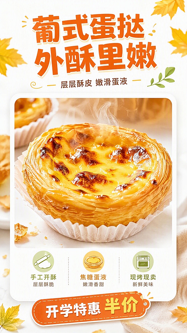 葡式蛋挞详情模块，白色背景，秋季暖黄和嫩绿点缀，卡片式长图风格。顶部标题「葡式蛋挞 外酥里嫩」，暖橙色粗体大字，下方小字「层层酥皮 嫩滑蛋液」。中间是一张白色圆角卡片带阴影，卡片内展示精美的葡式蛋挞特写，金黄酥脆的挞皮，焦糖斑点的蛋液，放在白色纸托中，热气腾腾有食欲。卡片下方有三个小卖点图标配文字：手工开酥、焦糖蛋液、现烤现卖。底部有一个暖橙色小标签写着「开学特惠 半价」。整体金黄诱人，蛋挞质感细腻。9:16竖版，4K高清，文字清晰。