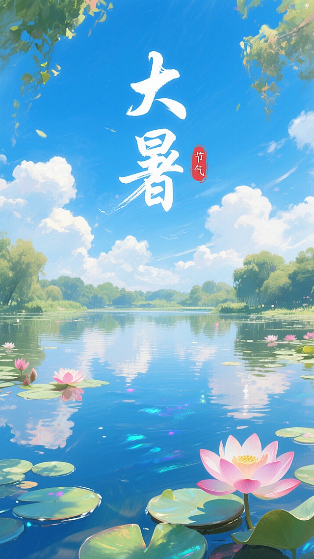 莲花湖、蓝天白云；艺术感主标题”大暑“，红色小印章“节气”点缀；明亮的背景