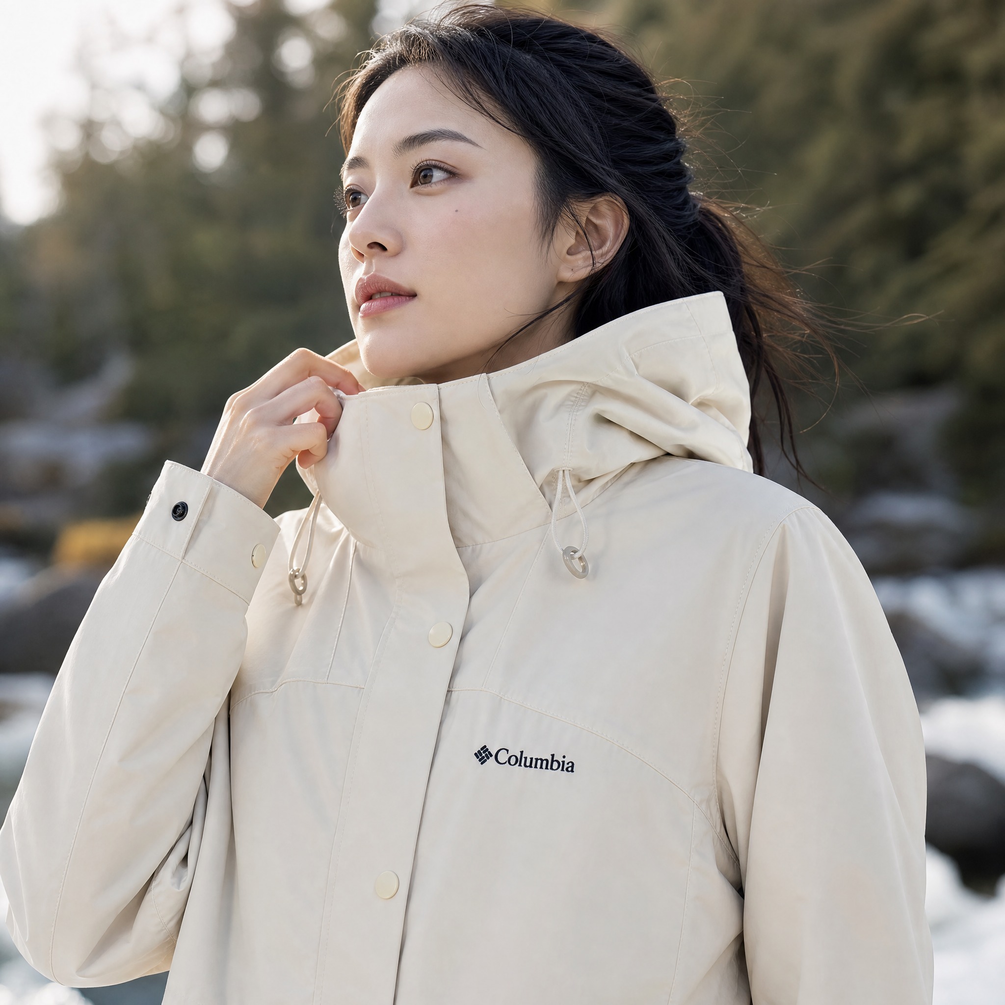 女模特身穿这件米白色哥伦比亚保暖拒水防风夹棉服冲锋衣外套，上半… - 图片创意预览