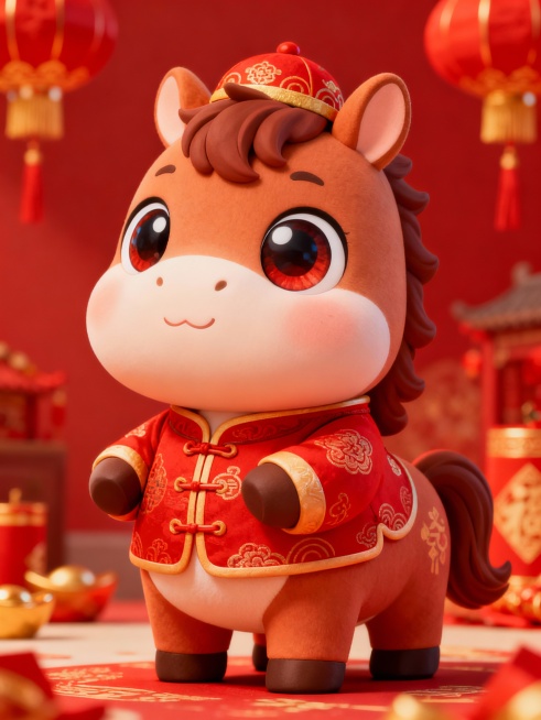 拟人化的小马宝宝Q版，萌萌哒，胖嘟嘟的。身穿中国新春服饰。夸张的大眼睛，超可爱，红色新年的氛围,预览效果