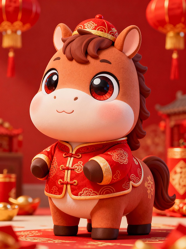 软3D风格的拟人化小马，身着红色唐装，头戴传统帽饰，置身于喜庆的春节场景中，充满可爱感与节日氛围。