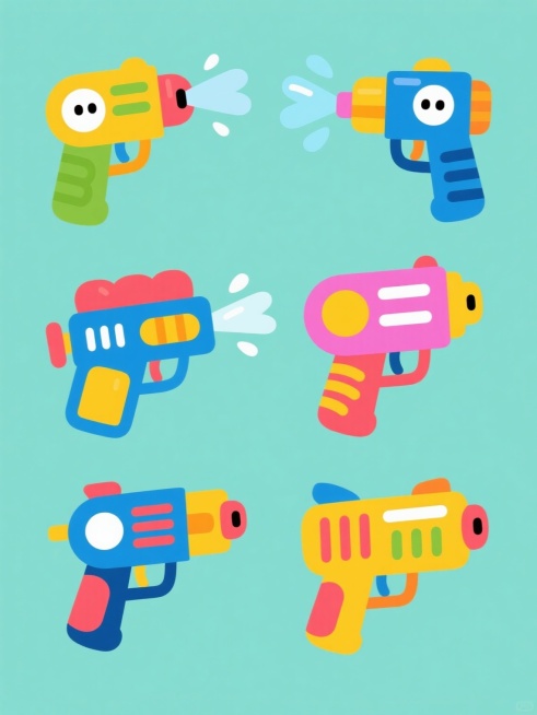 6个不同样式、不同配色、不同风格的卡通水枪，采用鲜艳明快的色彩搭配，每个水枪都有圆润的线条和简洁的几何形状，部分水枪带有喷射水流和水花效果，整体呈现出活泼童趣的2D扁平插画风格，所有水枪整齐排列在纯色背景上，构图均衡对称，视觉层级清晰，信息传达直接高效，符合儿童玩具宣传的设计感和目标受众审美。预览效果