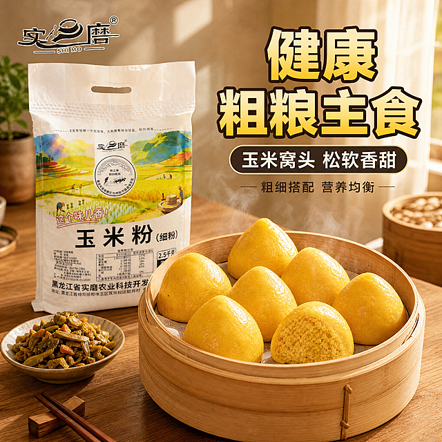 [主图-9] 玉米窝头/杂粮包 健康主食场景
[统一基调] 拼多多风格 大字直白 暖黄与深棕主色 米白字配粗黑描边 主标题粗黑体厚重醒目 辅助文案清爽黑体 整体暖调自然 左上角放置实磨品牌Logo
[画面] 产品包装袋放在画面后方偏左 占画面约35% 包装外观与原图一致 前景竹制蒸笼里摆放金黄的玉米窝头或杂粮包 旁边小碟里有咸菜 木筷 背景是中式餐桌 阳光从窗边照入 营造健康主食场景 左上角放实磨Logo
[光影质感] 暖调自然光 窝头表面金黄有质感 蒸笼有蒸汽升腾感 整体食欲感强 中式美食摄影质感
[配色] 背景暖木色与浅米色 主标题金黄色配深棕描边 辅助文案深棕色 中式暖色调
[文字版式] 左上角实磨Logo 右上方大主标题"健康粗粮主食" 主标题下方辅助文案"玉米窝头 松软香甜" 下方小字"粗细搭配 营养均衡" 文字放在画面右上负空间
[输出要求] 1:1正方形 2048px 文字清晰可读 产品完整清晰 禁止变形错字模糊杂乱水印 禁止平台Logo