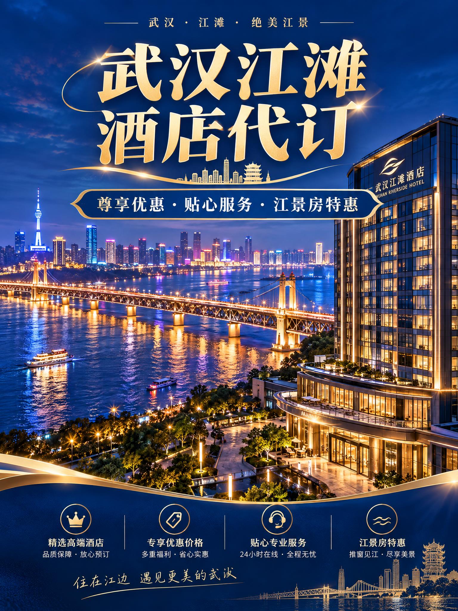 武汉江滩酒店代订宣传图，画面展现武汉长江江滩壮丽夜景，长江大桥… - 图片创意预览