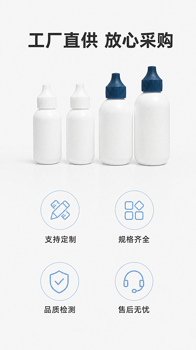[第8屏] 售后保障收尾屏，工厂批发信任展示。本屏使用【图1】小图作为产品展示。
[氛围/风格] 简约信任风，干净专业，符合批发平台调性。
[元素布局] 产品小图放置在画面上半部分中心，四款并排展示，占画面30%，保持颜色结构与原图一致。下半部分为四个保障图标+文字，整齐排列成2×2网格，每个图标配短说明。顶部放主标题，整体布局宽松舒适。
[光影质感] 均匀柔和布光，产品和图标都清晰展示，整体干净通透。
[配色色系] 全局底色：#f5f5f5；产品保持原有颜色；图标浅蓝，文字深灰#333333。
[视角构图] 居中对称构图，竖向9:16，信息排布均衡不拥挤。
[文字版式] 顶部主标题："工厂直供 放心采购"，加粗黑体居中；四个保障项：
图标1 + "支持定制"
图标2 + "规格齐全"
图标3 + "品质检测"
图标4 + "售后无忧"
每个图标+文字上下排列，整齐清晰，文字大小适合手机阅读。
[比例分辨率] 9:16竖版比例，4K分辨率，文字清晰可辨。
[负向提示词] 瓶子变形，颜色错误，图标错乱，文字模糊，水印，诱导点击，站外导流信息。