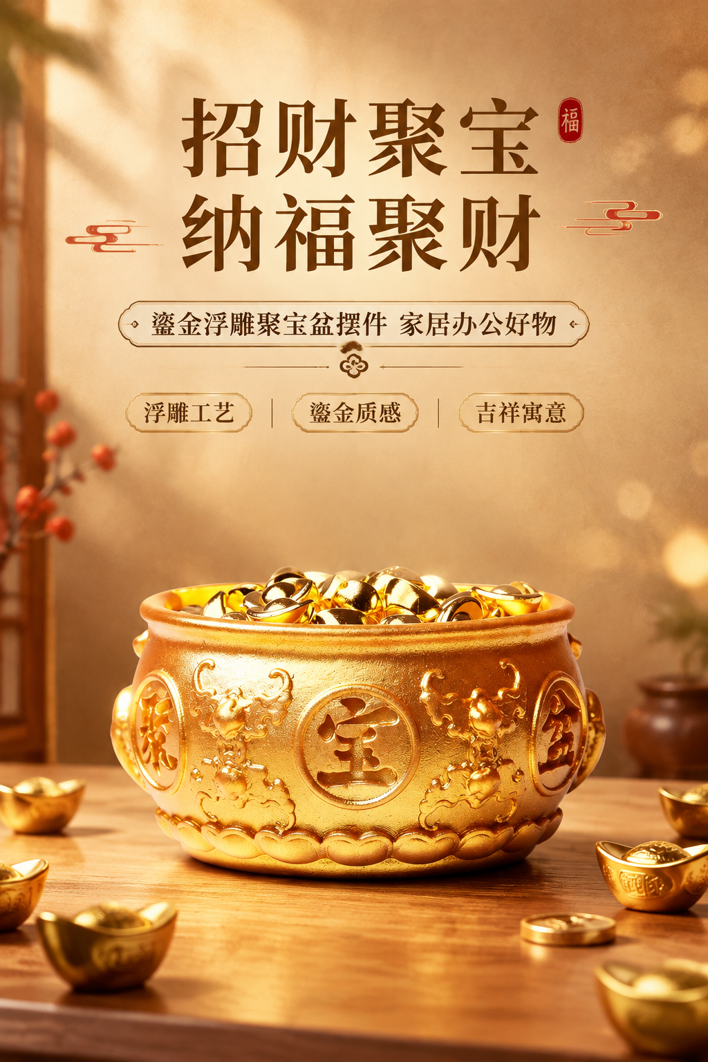 [商品] 使用【图1】金色聚宝盆摆件；保留盆身浮雕文字、蝙蝠纹… - 图片创意预览