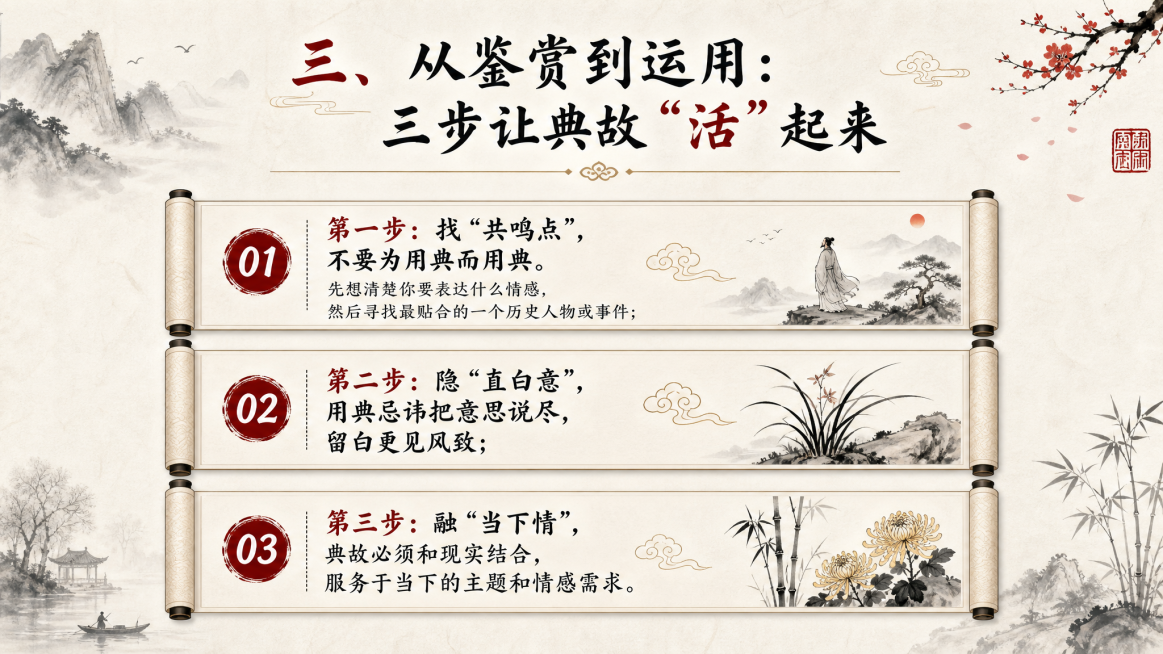 课程内容页，标题：三、从鉴赏到运用：三步让典故“活”起来，列出三步：第一步：找“共鸣点”，不要为用典而用典。先想清楚你要表达什么情感，然后寻找最贴合的一个历史人物或事件；第二步：隐“直白意”，用典忌讳预览效果