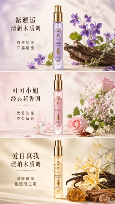 [第2屏] 香调层次展示屏-FFS三款不同香调香水层次感表达。本屏使用【图1】作为产品主体参考。
[氛围/风格] 自然氛围感，用草本香料元素体现不同香调的嗅觉体验，雅致清新商业摄影风。
[元素布局]预览效果