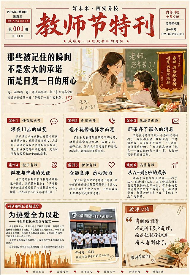 设计一张教师节特刊报纸头版，4开尺寸（270mm×390mm竖版）。报纸排版风格，暖色调，温馨感人。参考报纸排版方式但不复刻参考图版式。

[整体布局] 竖版报纸头版，从上到下：报头区 + 头版头条大图 + 多栏文章区 + 底部专题区。传统报纸排版风格，多栏布局，有标题、导语、正文、图片、小标题等元素。

[报头区] 顶部报头：
- 中央超大书法体/粗黑体「教师节特刊」，红色或深棕色，厚重有力
- 上方小字「好未来 · 西安分校」
- 两侧有日期、期号等报纸元素
- 报头下方有一条粗红线分隔

[头版头条区] 上半部分约占40%：
- 左侧大标题（两行粗黑体）：
  「那些被记住的瞬间」
  「不是宏大的承诺 而是日复一日的用心」
- 标题下方导语：每一面锦旗、每一通表扬电话、每一条长消息背后，都是老师日复一日"多做了一点"的积累。
- 右侧配一张温馨的教育场景插画/照片：老师与学生互动、教室场景、手写字条等暖色调画面，体现师生温情。

[表扬案例区] 中部多栏布局（3-4栏），展示精选表扬案例，每个案例有小标题和简短正文：

【案例1 任蓓蓓老师】小标题：「深夜11点的回复」
正文：家长多次来电表扬大唐西市顾问任蓓蓓老师，称赞其服务耐心、态度好。调课完成后主动通知家长确认，晚上11点多仍耐心回复问题，尤其对年纪大的家长给予细致指导。

【案例2 李娜老师】小标题：「毫不犹豫选择学而思」
正文：家长来电表扬西安顾问李娜老师，称赞其非常有责任心、认真专业、值得信任。家长表示因沟通非常顺利，因此毫不犹豫选择了学而思。

【案例3 王海星老师】小标题：「那条存了很久的消息」
正文：王海星老师曾带过一个基础较弱的孩子，每次都多留十分钟讲题。工作调整后，家长发来长消息："王老师，你值得更好的。"那条消息她存了很久——自己做的每一件小事，家长和孩子都能感受到。

【案例4 橙子老师】小标题：「鲜花与锦旗的见证」
正文：橙子老师收到家长专程送来的鲜花和锦旗。家长特别提到："多亏橙子老师在启蒙阶段的专业推荐和耐心指导，现在孩子三科全部考进S班！"

【案例5 伊伊老师】小标题：「全能良师 悉心助力」
正文：家长特意为伊伊老师送上锦旗，称赞伊伊老师每次解答问题都非常用心，对待小朋友也十分亲切，小朋友每次上课都喜欢找伊伊老师。

【案例6 晶晶老师】小标题：「从A+到S班的成长」
正文：晶晶老师获赠家长锦旗——孩子从A+班考到了S班。家长特别感谢晶晶老师提供的复习方法，有多余的复习资料也会给家长留着。每一面锦旗背后，都是老师日复一日"多做了一点"的积累。

[底部专题区] 底部约占20%，左侧为「科创路校区暑期值守」专题：
- 小标题（粗黑体）：「为热爱全力以赴」
- 副标题：「科创路校区暑期值守纪实」
- 正文：由于校区迎检，暑期大部分课程转到在线。科创路校区的伙伴们积极准备迎检，将在线设备运用到极致。小低年级课程上面授时，所有伙伴不惧高温酷暑，坚持在门外值守，三次发现检查人员并拦下。苏老师在冰箱备有冰镇饮料，大家减少喝水频次避免来回进出。这个暑假，科创路校区真的践行了为热爱全力以赴的理念！
- 配一张小图：校区门口/团队合影的剪影风格

右侧底部可加一个「教师心语」小框：
- 引用语："有时候教育不是讲了多少道理，而是让孩子知道——有人看到你了。"

[视觉风格] 传统报纸排版风格，米白色/浅米色纸张底色，深灰/黑色正文，红色标题强调，多栏布局，有栏线、小标题、引题等报纸元素。整体温暖感人，有教师节氛围。

[字体] 标题粗黑体/宋体；正文宋体/仿宋，多栏排版。

[输出要求] 4开竖版270mm×390mm（约2048×2956像素），300dpi印刷级，文字清晰可读，无错字，无水印，报纸排版风格，温馨感人。