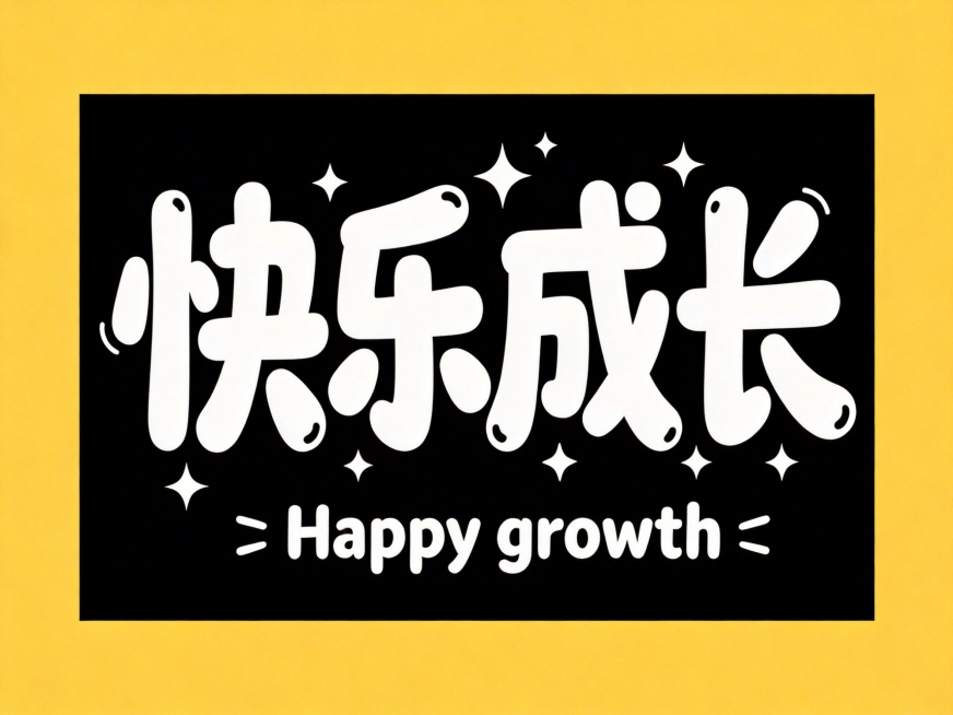 干净的纯黑色背景。平面艺术字体设计，四个字"快乐成长"，所有文字单行横向排列，活泼俏皮不规则卡通风格，笔画圆润，形态夸张，如同随意流动的墨滴，富有动感与活力，字间距紧凑，整体采用白色填充，装饰元素星星预览效果