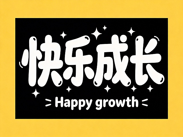 干净的纯黑色背景。平面艺术字体设计，四个字"快乐成长"，所有文字单行横向排列，活泼俏皮不规则卡通风格，笔画圆润，形态夸张，如同随意流动的墨滴，富有动感与活力，字间距紧凑，整体采用白色填充，装饰元素星星和光点线条融入笔画结构。副标题"Happy growth"字体偏小，搭配在主标题下方，风格与主标题保持统一。所有装饰元素都不溢出文字主体范围，文字完整清晰，四周留有安全边距，传递积极向上轻松欢乐的氛围。比例4:3