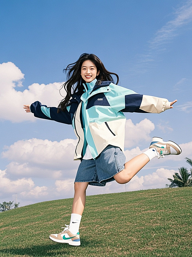 背景草坪蓝天，户外阳光下，人物披着头发，穿拼色冲锋衣、牛仔短裤、潮鞋，在草地上跳跃