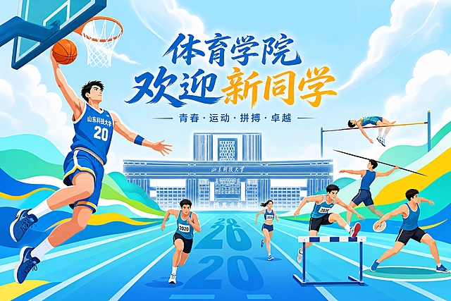 基于参考图的山东科技大学校门、蓝天白云、蓝绿黄渐变波浪和田径跑道背景，生成大学体育学院迎新海报插画。画面左侧主体位置是一名正在扣篮的篮球运动员，占据主要视觉位置。画面中融入多种体育运动元素，包括标枪运动员、铁饼运动员、跳高运动员、跨栏运动员、田径跑步运动员等，运动元素分布在画面中右侧及前景跑道区域。整体风格为扁平插画风格，色彩明快活力，与参考图的蓝青黄渐变色调保持统一，充满青春运动气息，适合作为迎新海报背景。