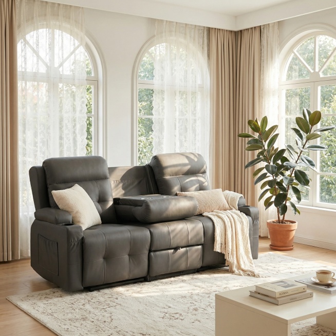 保持图中的灰色皮面双人功能沙发不变，微微俯视角度，生成一处法式奶油风结合现代简约风的客厅。墙面是纯净的白色，搭配浅木色地板，沙发后方和右侧有拱形大窗引入充足自然光，搭配内层蕾丝白纱、外层米色遮光帘的双预览效果