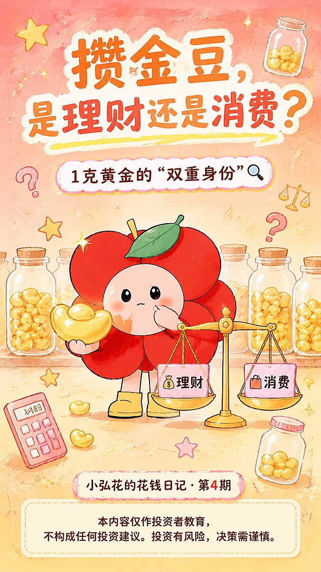 生成一张9:16竖版金融投教知识问答海报，纯净无水印、无手机状态栏、无边框。
参考图：第二张图提供小弘花IP形象，参考形象设计，保持花朵主体红色，黄色鞋子，圆脸，腮红，大眼睛的可爱风格。
视觉风格：手绘涂鸦风，背景是粉橙渐变到淡金色，带有纸纹质感，主色为粉、橙、金、黄、白。
画面内容：
中央是小弘花，花朵形象，戴叶子帽，大眼睛，左手托着一颗闪闪发光的金豆，右手拿着一个天平，天平左边托盘里是"💰理财"标签，右边托盘里是"🛍️消费"标签，表情认真思考；
小弘花背后是一排装在玻璃瓶里的小金豆，可视化储蓄意象；
画面顶部是大标题"攒金豆，是理财还是消费？"；
大标题下方居中是副标题"1克黄金的‘双重身份’🔍"；
画面最底部小字标注"小弘花的花钱日记·第4期"；
画面四周散落金豆、玻璃罐、计算器、问号、天平、星星等涂鸦元素，不超过2次重复。
合规要求：不出现收益承诺、投资建议、具体产品推荐、买卖指令，画面底部独立区域放置清晰可读的风险提示文字，风险提示内容为"本内容仅作投资者教育，不构成任何投资建议。投资有风险，决策需谨慎。"；
要求：信息层级清晰，重点突出，所有文字清晰可读，留白充足，同一元素不超过2次，不使用夸张营销元素。