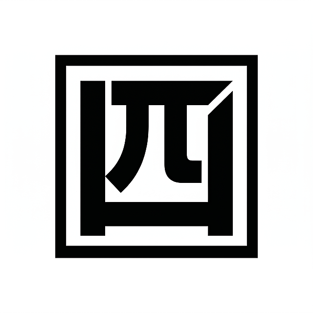 对汉字"四"进行创意几何变形处理，设计一个纯黑色的简约现代logo，保持1:1方形构图，风格为硬朗几何块面，纯黑白配色，基于上一张生成的logo调整