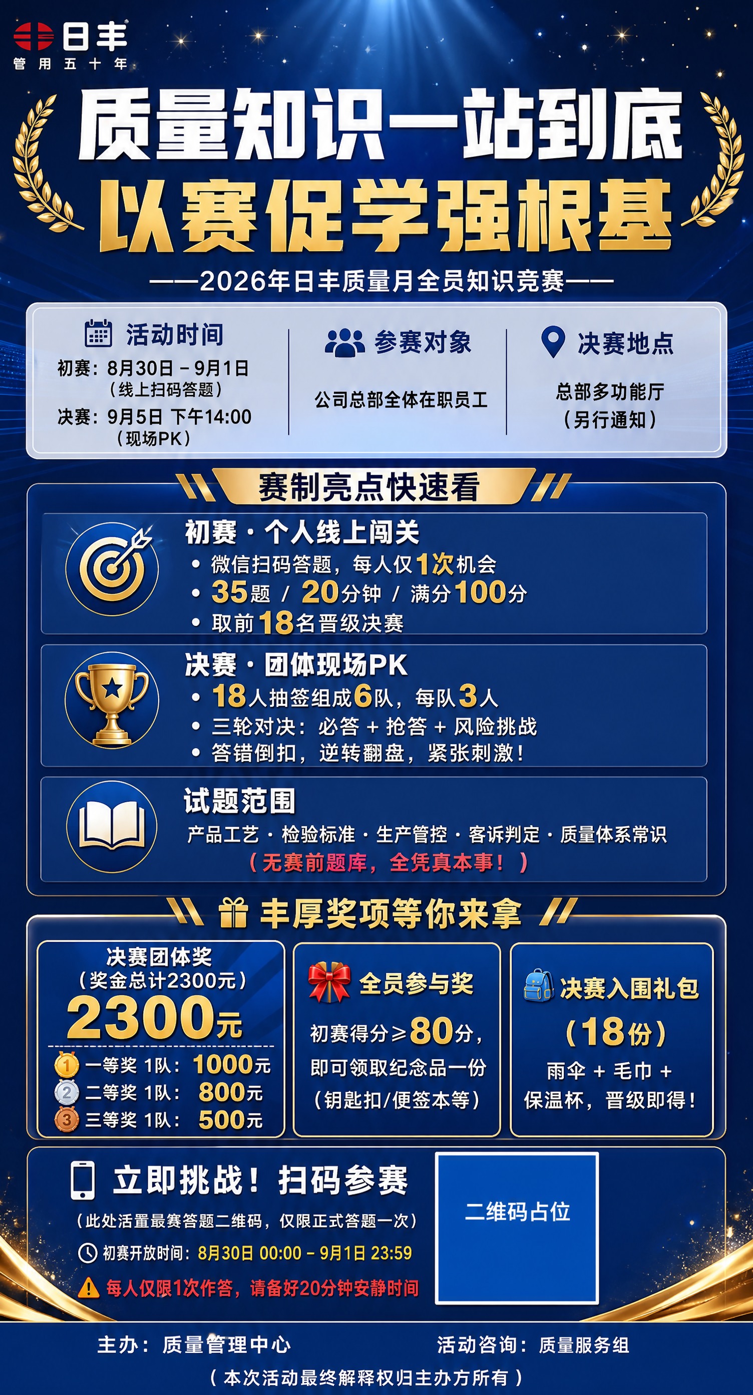 企业质量知识竞赛活动海报，竖版9:16，日丰品牌蓝#0052A… - 图片创意预览