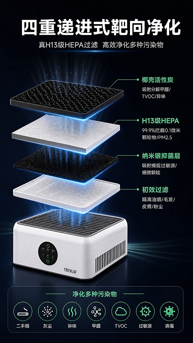 [商品] 使用【图2】四层滤网分解图作为核心结构参考，结合【图1】产品外观；保留产品白色方形机身、顶部灰色格栅、TREVLUF品牌Logo外观；滤网结构严格按图2的四层递进式：初效过滤网→纳米银抑菌层→H13母婴级HEPA→椰壳活性炭，去掉"除菌"相关表述，保留过滤/吸附/分解逻辑。
[画面] 目标：第5张滤网深度解析，展示四层复合滤网结构与净化效果，参考图2的爆炸分层视觉。构图：爆炸/剖面型竖版，产品位于画面底部，占画面约25%，上方四层滤网从下到上依次悬浮展开：初效过滤网（白色）、纳米银抑菌层（黑色蓬松）、H13级HEPA（白色细密）、椰壳活性炭（黑色蜂窝），每层用引线标注功能；右侧或底部展示净化对象图标，阅读动线从下到上再到文字区。
[视觉] 套系策略：风格=科技理性商业摄影风；标题字=现代无衬线粗黑体；正文字=简洁无衬线中黑体；主色=科技浅灰+白色；背景延展=基于深蓝黑科技渐变背景，带微弱粒子光效；强调色=荧光青绿色，仅用于小面积图标、引线、数据标签和功能光效；标题色=白色；正文色=浅灰；组件=圆角半透明信息卡、发光细线引线、胶囊标签；光影=底部向上冷调柔光，每层滤网有边缘发光效果。
[文字] 主标题"四重递进式靶向净化"，副标题"真H13级HEPA过滤  高效净化多种污染物"，四层标注："初效过滤  隔离油烟/毛发/皮屑/粉尘"、"纳米银抑菌层  吸附捕捉过敏源/细微颗粒"、"H13级HEPA  99.9%拦截0.1微米颗粒物/PM2.5"、"椰壳活性炭  吸附分解甲醛/TVOC/异味"，底部净化对象：二手烟、灰尘、异味、甲醛、TVOC、过敏源、病毒，文字横向排版。
[规格] 图片比例9:16竖版，4K，避免变形、错字、文字过小、滤网层数错误、出现"除菌"字样、虚构检测数据。