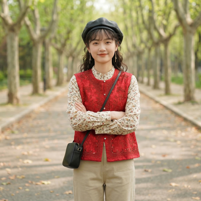 同一个长相甜美的年轻东亚女生，年龄20-25岁，身穿图中这件红色提花烫钻马甲，搭配浅卡其色直筒休闲裤和米白碎花立领衬衫，上衣不塞下装。女生留高马尾，发尾烫出自然弧度，额前留碎刘海，头戴黑色皮质贝雷帽，预览效果