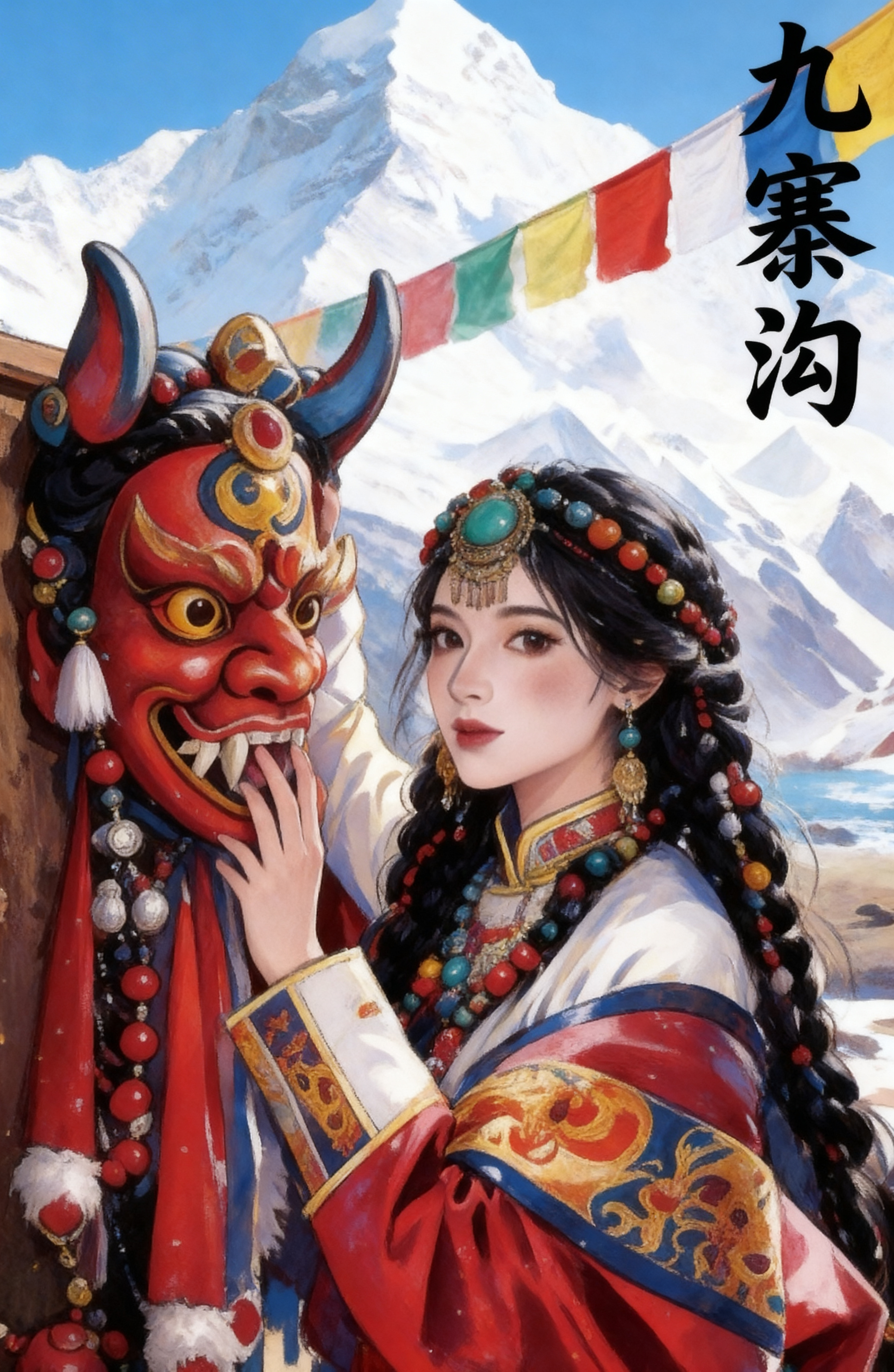 生成和参考图一模一样的高清大图，藏装藏族女孩手放在红色藏式面具… - 图片创意预览