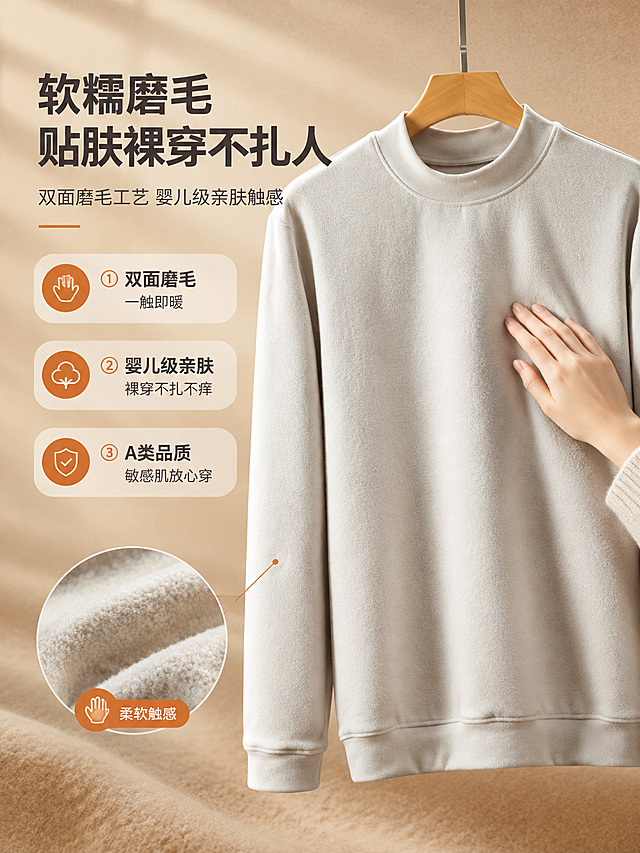 [商品] 使用【图8】米色/浅灰色膨体德绒半高领上衣挂拍图；商品处理：保留半高领、长袖、罗纹袖口下摆、浅米色德绒面料和版型；自然去皱理顺，增强面料磨毛纹理和柔软垂坠感，不改变颜色和结构。
[画面] 目标：软糯磨毛贴肤裸穿功能页，右图左文构图，右侧一只手轻轻抚摸衣服面料展示触感，衣服占画面55%，左侧文字区，背景为暖米色渐变加细腻毛绒纹理，营造柔软亲肤氛围。
[视觉] 套系策略：风格=国内电商高级A+暖调秋冬商业摄影；标题字=现代无衬线粗黑体；正文字=简洁无衬线体；主色=深咖暖棕；背景延展=基于深咖暖棕做深浅层级、同色渐变和细腻织物/纸张质感，暖调光影；强调色=焦糖橘，仅用于小面积图标、引线和标签；标题色=深炭灰；正文色=中暖灰；组件=圆角浅底信息卡、细线引线、暖调图标；光影=左前侧暖柔光。
[文字] 左侧主标题"软糯磨毛 贴肤裸穿不扎人"，副标题"双面磨毛工艺 婴儿级亲肤触感"，3个卖点"①双面磨毛 一触即暖""②婴儿级亲肤 裸穿不扎不痒""③A类品质 敏感肌放心穿"，文字全部横排，配手部触感小图标。
[规格] 图片比例3:4竖版（移动端），4K，medium，避免变形、错字、文字过小、冷蓝背景、衣服颜色改变。