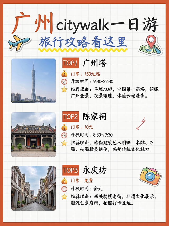 现代感与手账风结合，清新卡通插画点缀，双色设计搭配拼贴元素，呈现广州citywalk一日游攻略，扁平化风格传递舒适旅行体验。